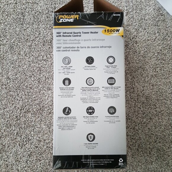 NWT Power Zone Infrared Space Tower Heater 360 Degree Remote USB Port 1000/1500W - Picture 11 of 12